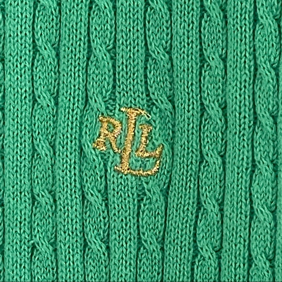 Ralph Lauren Cable Knit Zip Cardigan Sweater  Green Gold Trim Collar Vintage XL - Picture 8 of 10